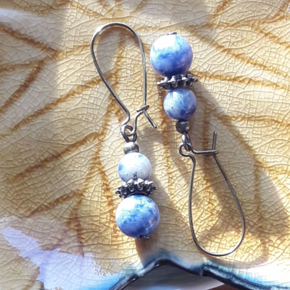 Earthy Organic Blue Sodalite handmade SemiHoops earrings Brown earrings Fa 479■